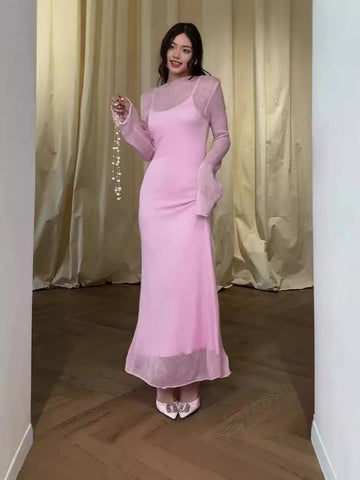 Women's Clothing In The Autumn Of 2024 Solid Color Round Collars Thin Slings Long Skirts Two Sets